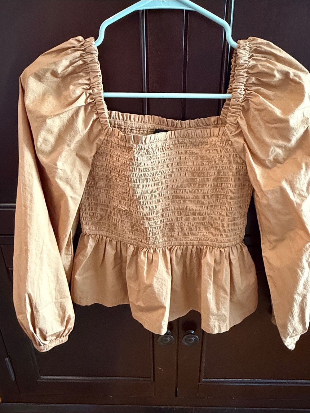 J. Crew Tan Smocked Puff-Sleeve Peplum Top